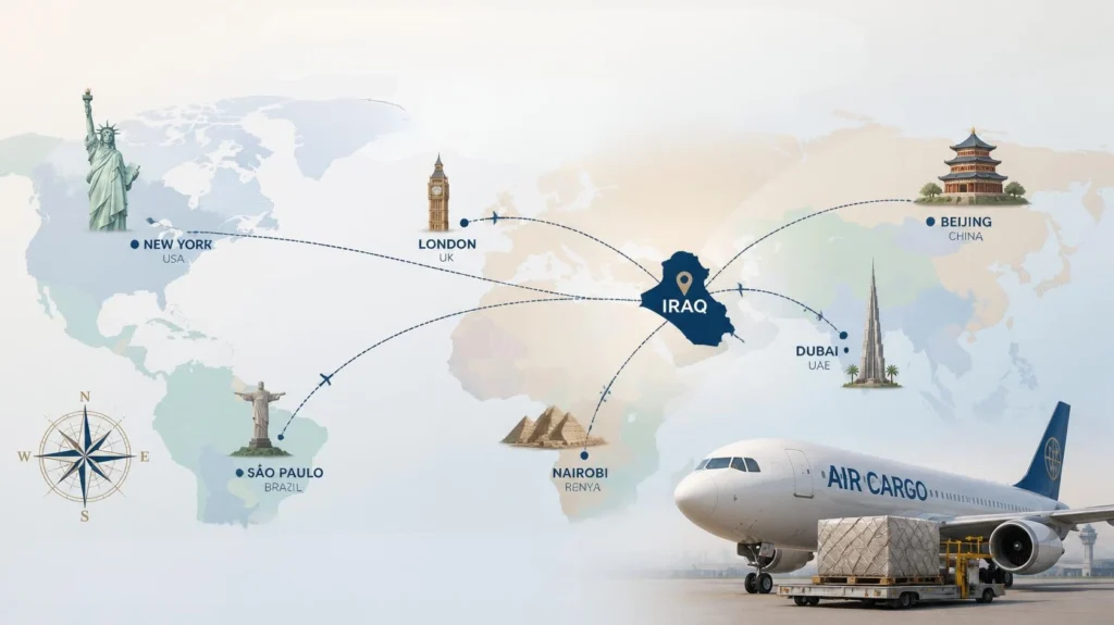 International air cargo network connecting Iraq with global destinations.