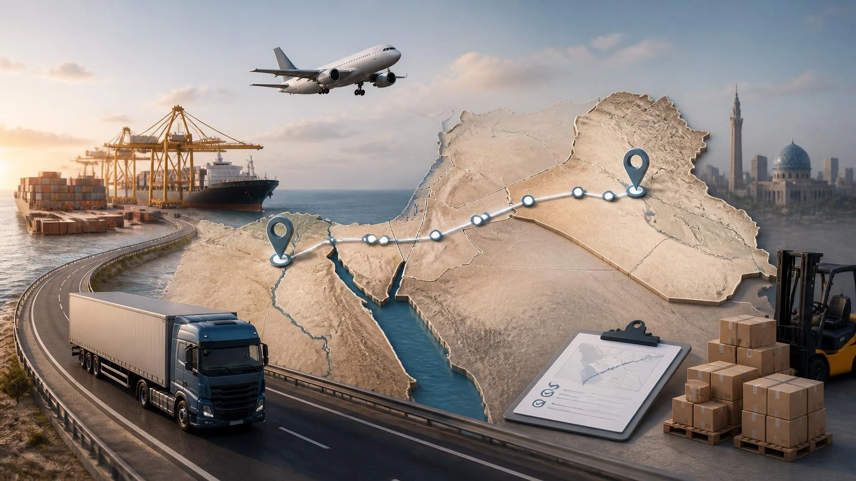 Shipping containers and cargo from Egypt to Iraq.